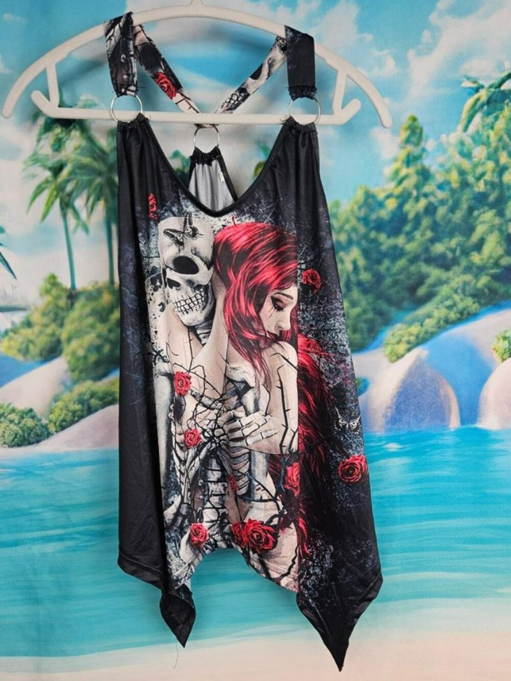 Whimsigoth Top Womens Large Black Red Skeleton Embrace Printed Dark Romantic